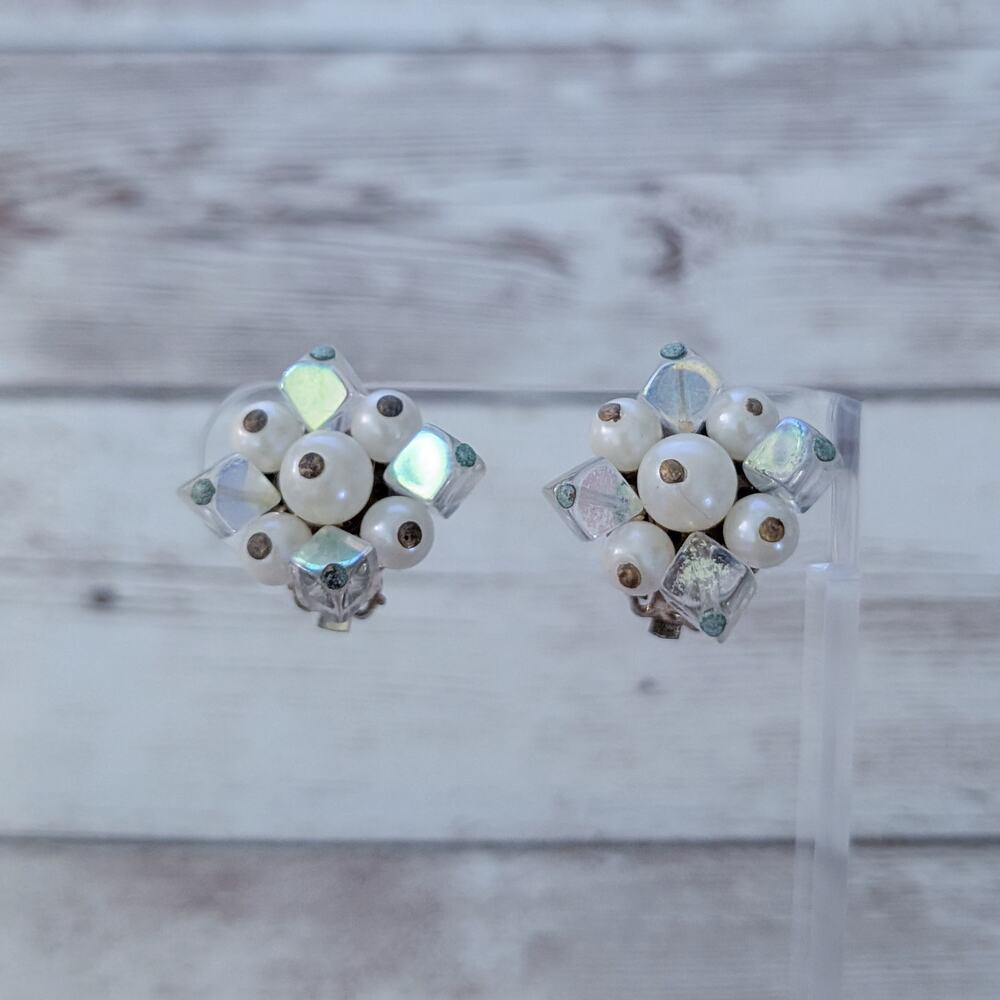 Vintage Clip On Earrings Winter Tones Cluster - Some Beads Iridescent